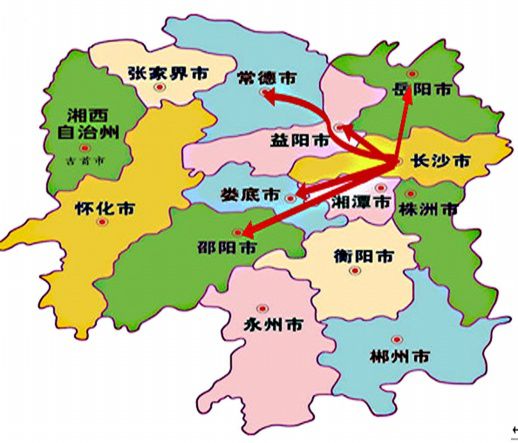 长沙交警预测长沙本地小型车辆省内主要流向图.
